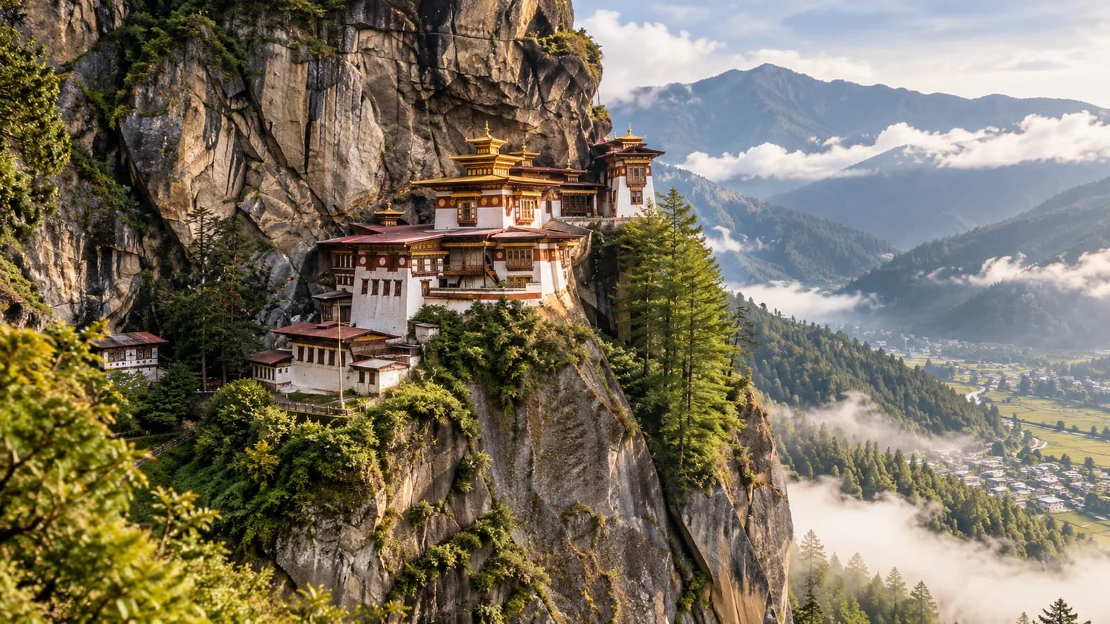 AI-generated illustration: Tiger's Nest monastery on a forested cliff in Bhutan