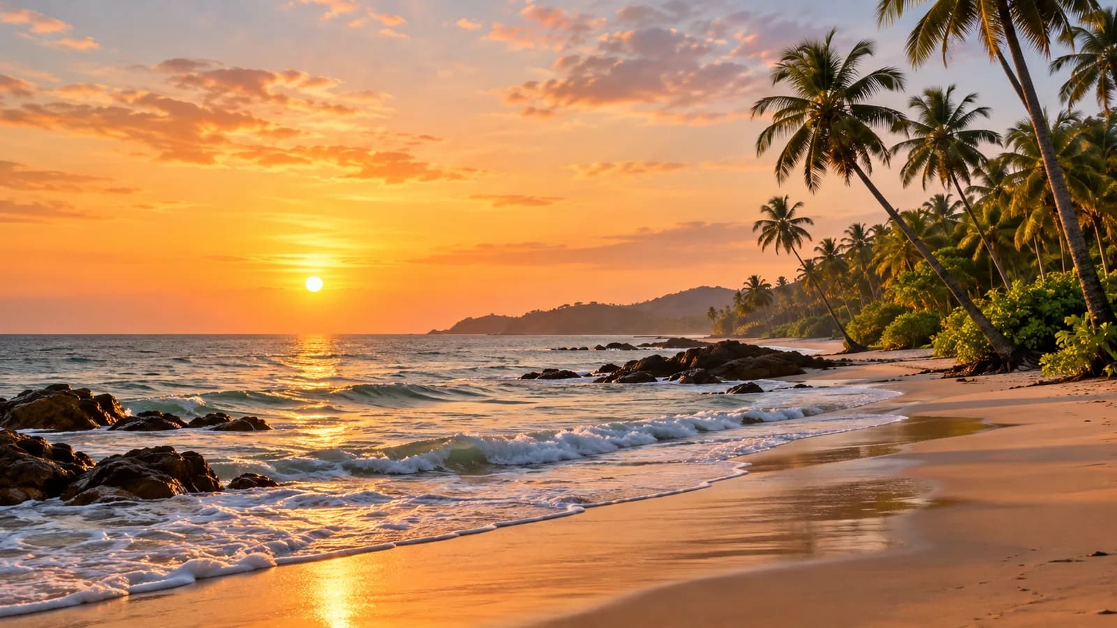 AI-generated illustration: Palm-lined Goa beach at sunset