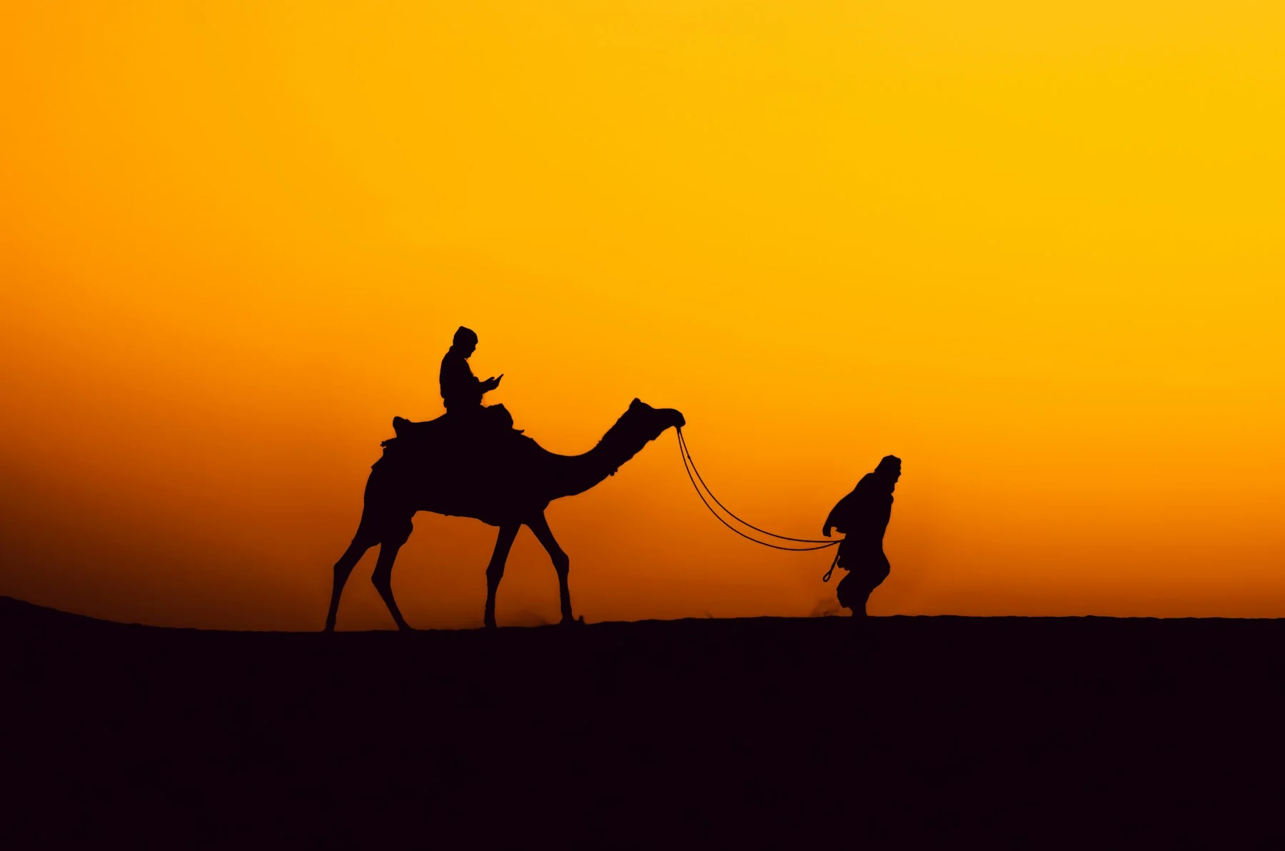 Camel ride across the Jaisalmer desert at sunset