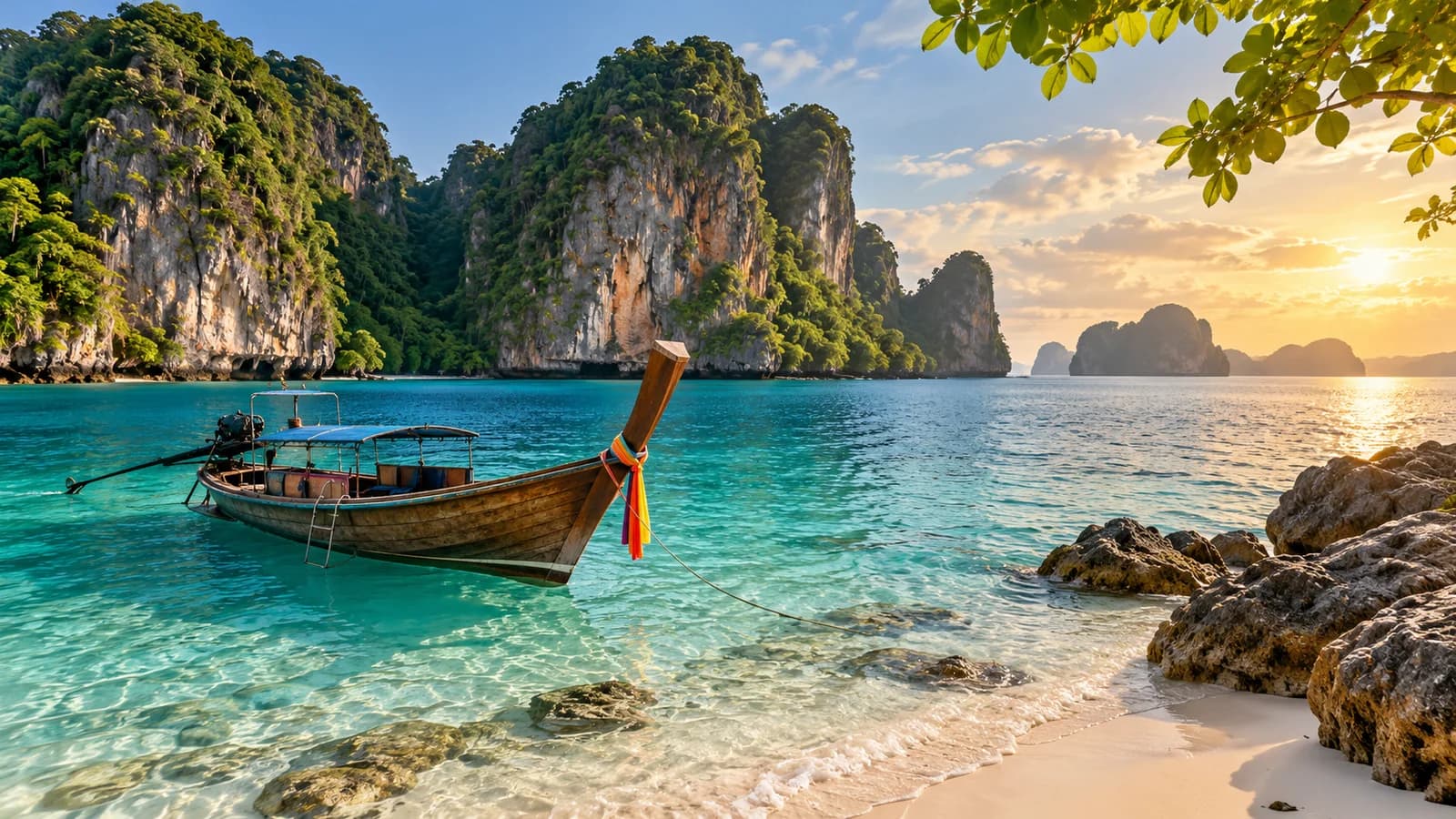 AI-generated illustration: Southern Thailand island cliffs, turquoise sea and a longtail boat