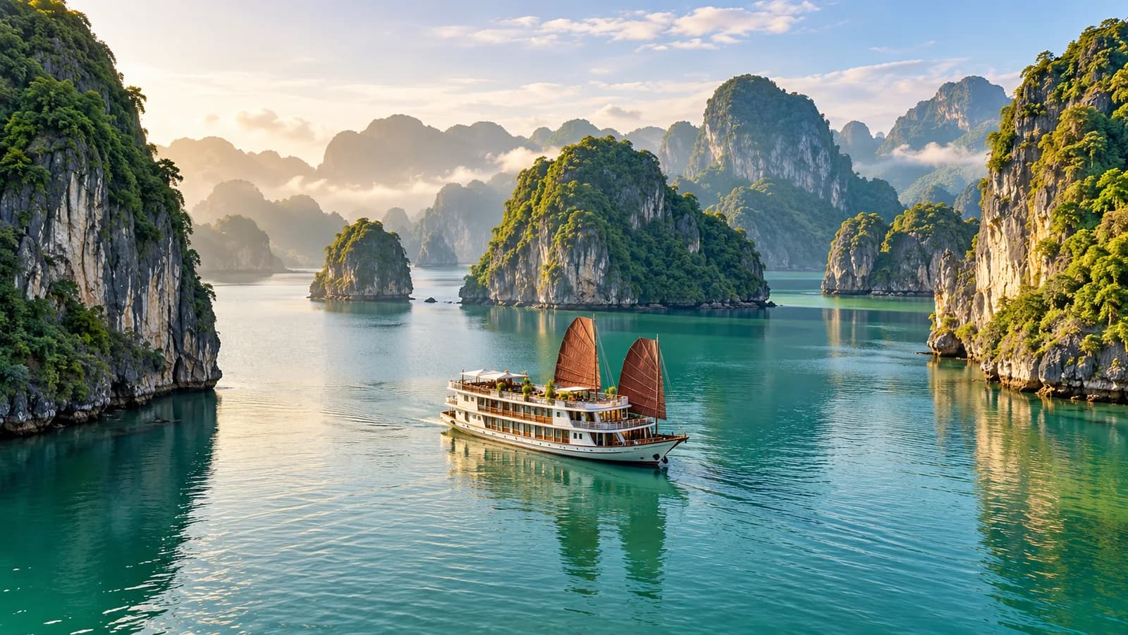 AI-generated illustration: Halong Bay limestone islands and a cruise boat